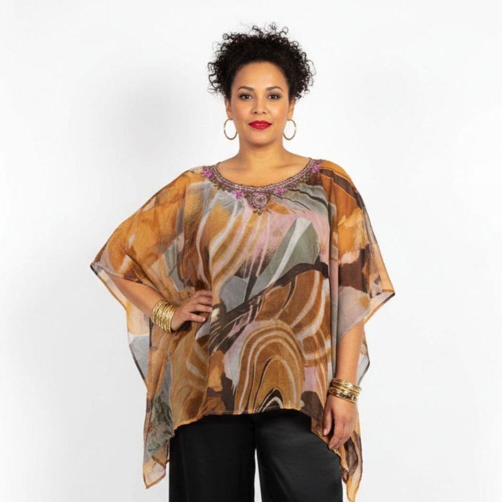 Sol & Mer Brown Print Sequins Ocean Wave Sheer Short Sleeve Scarf Top NEW OS